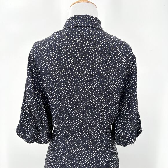 LK BENNET Tillila Silk Star Print Tea Dress Women 4 Navy Blue Beige Puff Sleeve - Picture 6 of 16